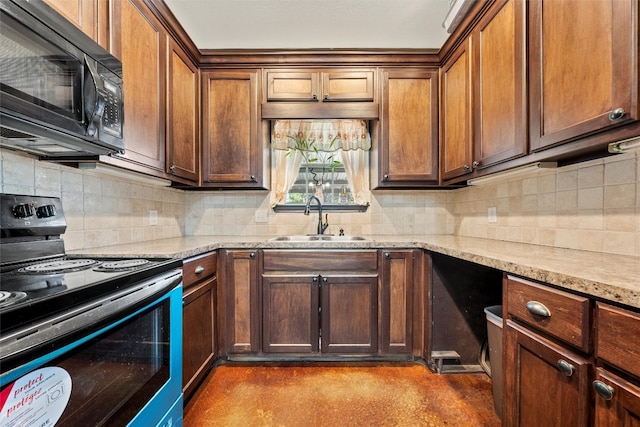 kitchen featuring range with electric stovetop, backsplash, light stone countertops, and sink