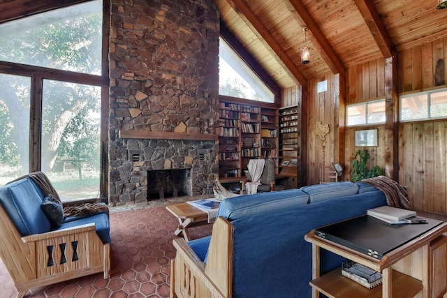 living room with wood walls, high vaulted ceiling, a fireplace, beamed ceiling, and wood ceiling