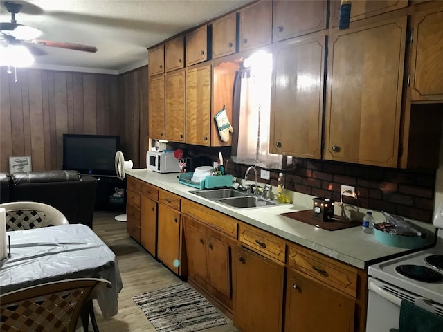 kitchen featuring tasteful backsplash, ceiling fan, white appliances, sink, and light hardwood / wood-style flooring