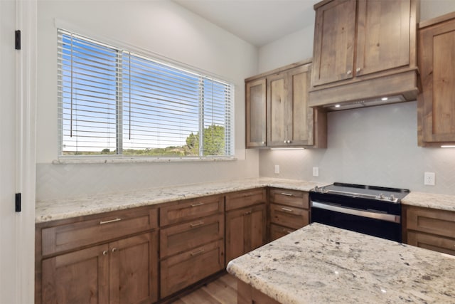 kitchen featuring wood-type flooring, light stone countertops, and electric range