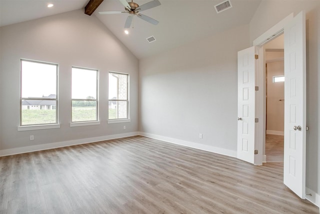 unfurnished room with beamed ceiling, ceiling fan, light wood-type flooring, and high vaulted ceiling