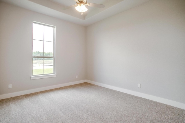 spare room featuring carpet, plenty of natural light, ceiling fan, and a tray ceiling