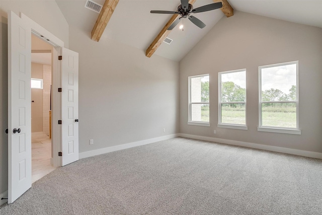 carpeted spare room featuring ceiling fan, beamed ceiling, and high vaulted ceiling