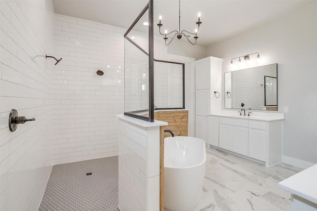 bathroom with vanity, shower with separate bathtub, and a chandelier