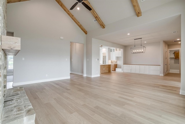 unfurnished living room featuring ceiling fan, beam ceiling, high vaulted ceiling, and light hardwood / wood-style flooring