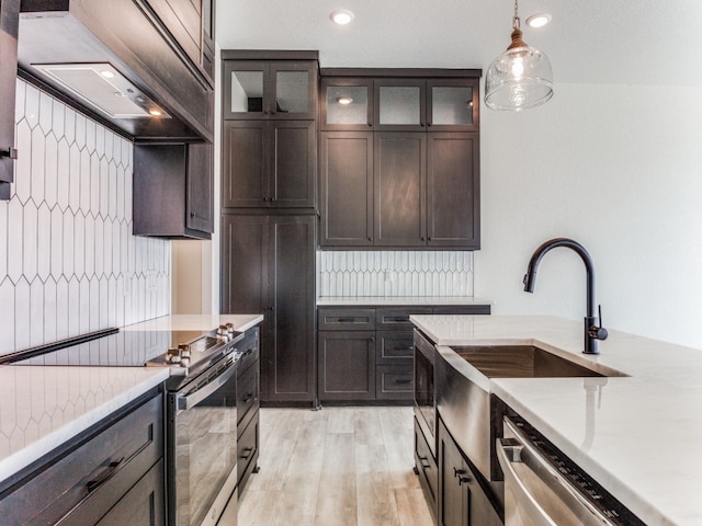 kitchen featuring light hardwood / wood-style floors, decorative light fixtures, custom exhaust hood, dark brown cabinets, and appliances with stainless steel finishes