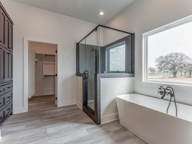 bathroom featuring shower with separate bathtub and hardwood / wood-style floors