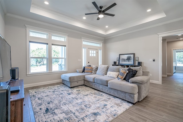 living room with a tray ceiling, light hardwood / wood-style flooring, and ornamental molding