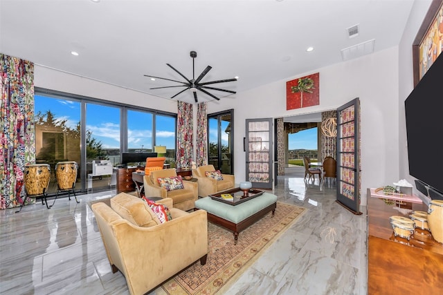 living room with light tile floors