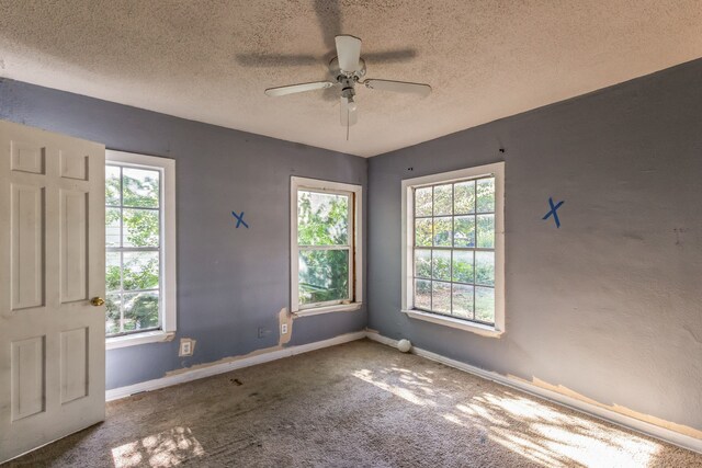 carpeted empty room featuring ceiling fan and a textured ceiling