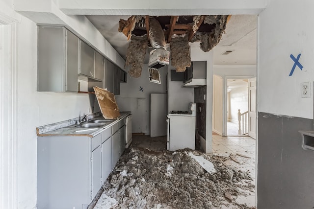 kitchen featuring gray cabinetry, white gas stove, and sink