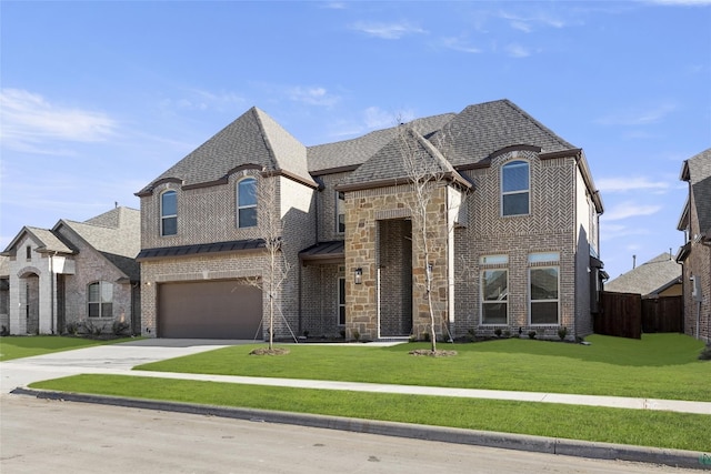 french country inspired facade with a front yard and a garage