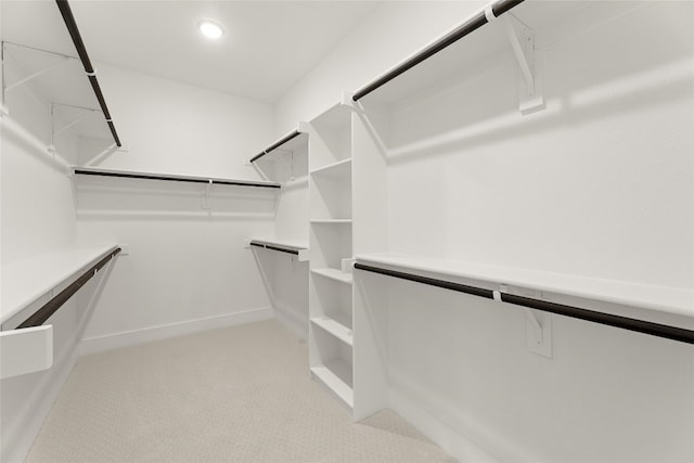 spacious closet featuring light colored carpet