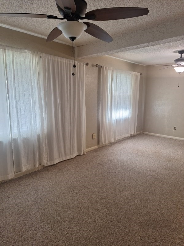 empty room with carpet, ceiling fan, and a textured ceiling