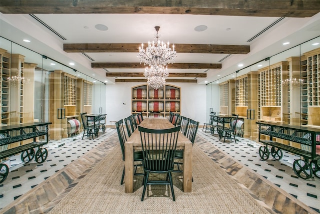 wine cellar with light tile floors, a chandelier, and beamed ceiling