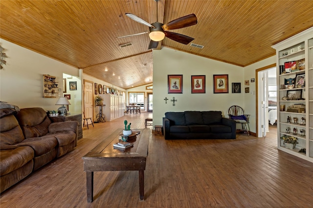 living room with wood-type flooring, ceiling fan, and wood ceiling