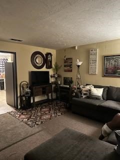 living room with carpet floors and a textured ceiling