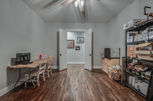 office with ceiling fan and dark hardwood / wood-style flooring