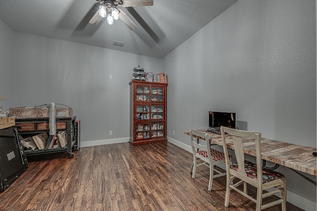 office area featuring ceiling fan and dark hardwood / wood-style floors