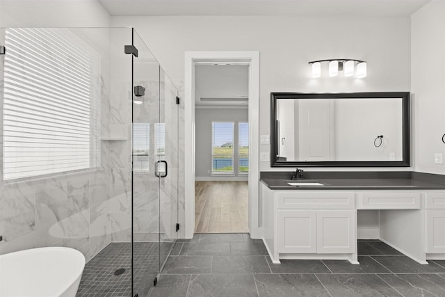 bathroom featuring vanity and plus walk in shower