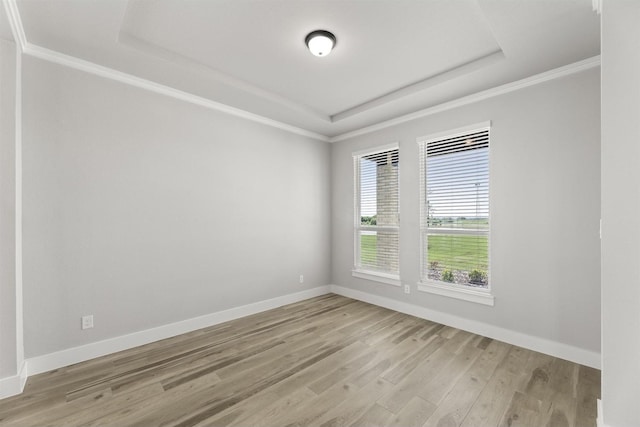 empty room featuring a tray ceiling, light hardwood / wood-style flooring, and ornamental molding