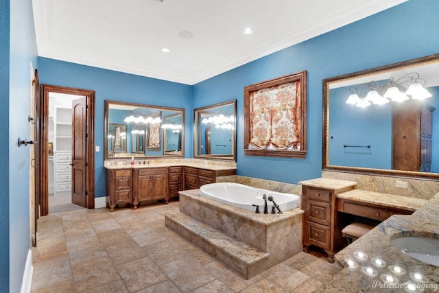 bathroom featuring vanity, tile flooring, crown molding, and tiled tub