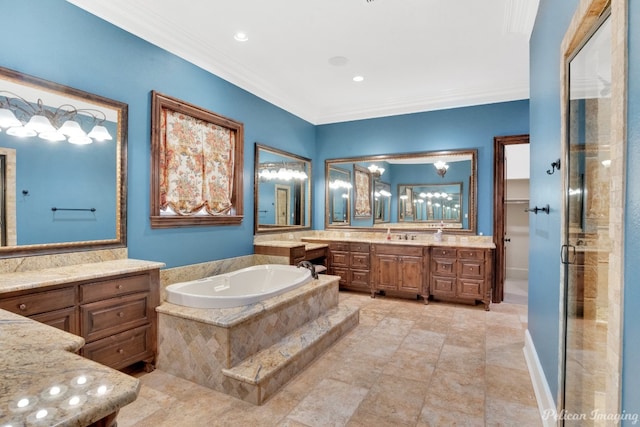 bathroom featuring crown molding, tile flooring, shower with separate bathtub, and vanity