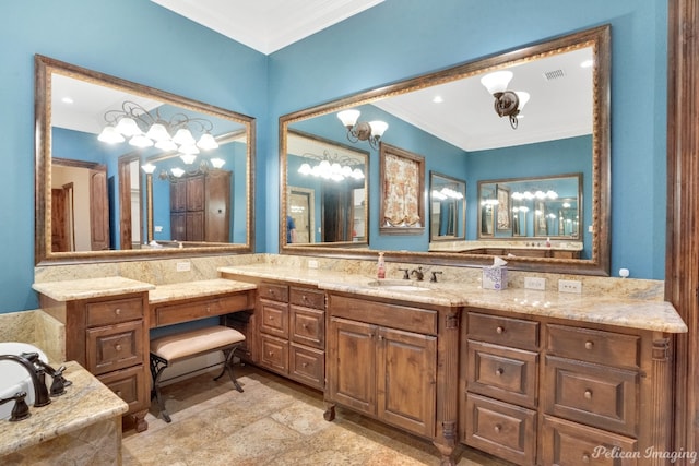 bathroom with ornamental molding, vanity, a chandelier, and tile flooring