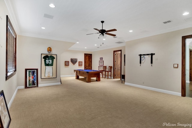 rec room featuring light carpet, billiards, ornamental molding, and ceiling fan