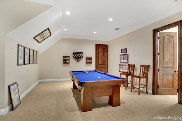 game room with lofted ceiling, light colored carpet, ornamental molding, and billiards