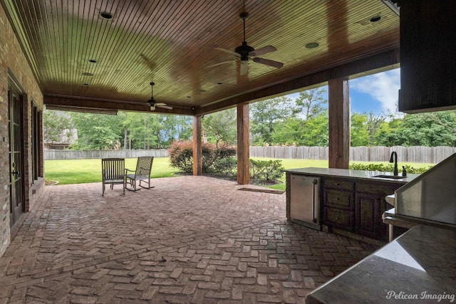 view of patio / terrace featuring ceiling fan and sink