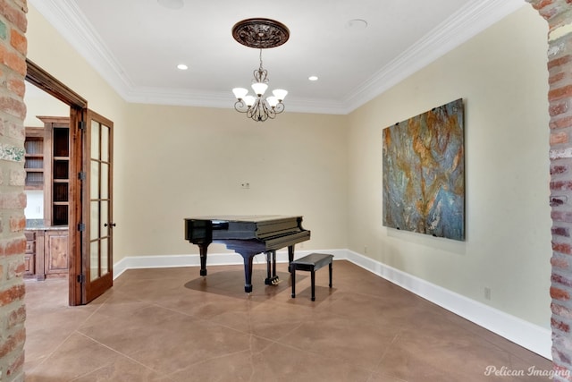 miscellaneous room featuring a notable chandelier, crown molding, brick wall, and light tile flooring