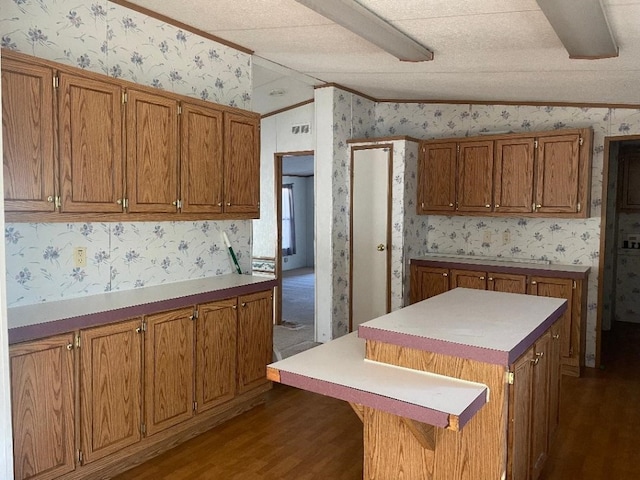 kitchen with a kitchen bar, lofted ceiling, dark hardwood / wood-style floors, and a center island