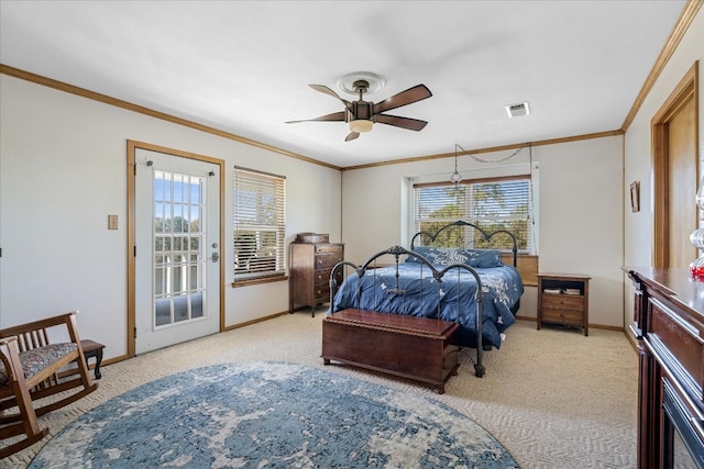 bedroom with ceiling fan, crown molding, and light carpet