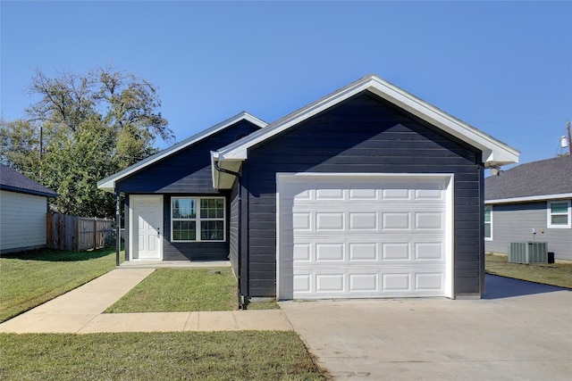 single story home with central AC unit and a front lawn