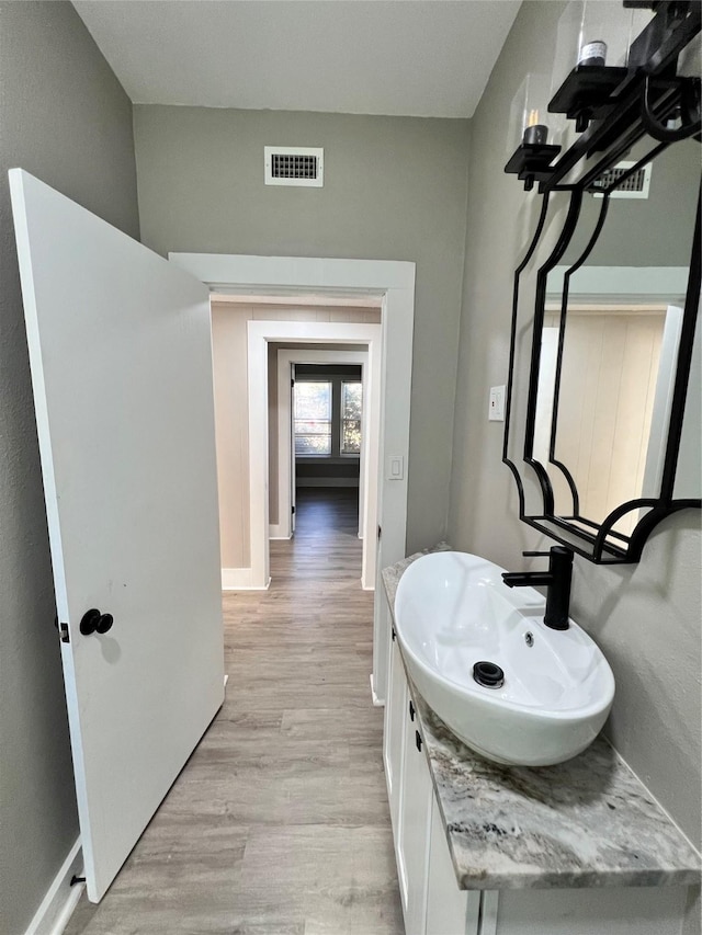 bathroom with vanity and wood-type flooring