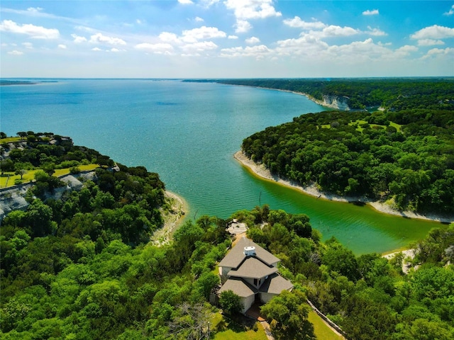 drone / aerial view with a water view