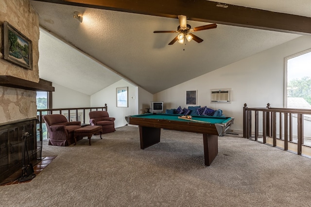 game room featuring ceiling fan, carpet floors, lofted ceiling with beams, a textured ceiling, and pool table