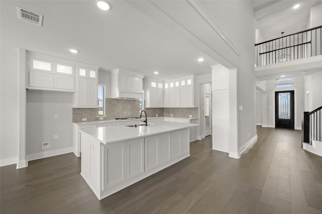 kitchen featuring white cabinetry, dark hardwood / wood-style flooring, tasteful backsplash, sink, and a kitchen island with sink