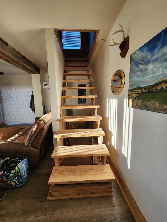 stairs with dark wood-type flooring