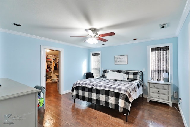 bedroom with dark hardwood / wood-style flooring, a walk in closet, ornamental molding, ceiling fan, and a closet