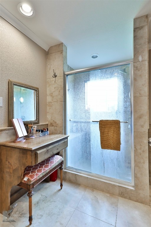 bathroom with lofted ceiling