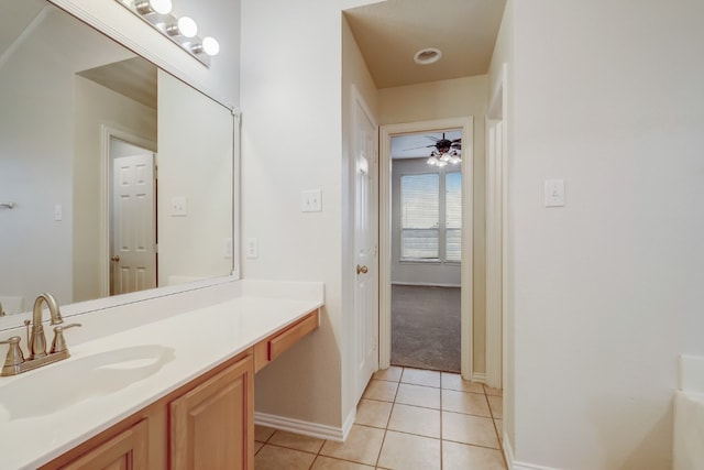 bathroom featuring vanity, ceiling fan, and tile flooring