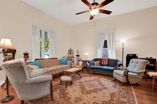 living room with ceiling fan and wood-type flooring