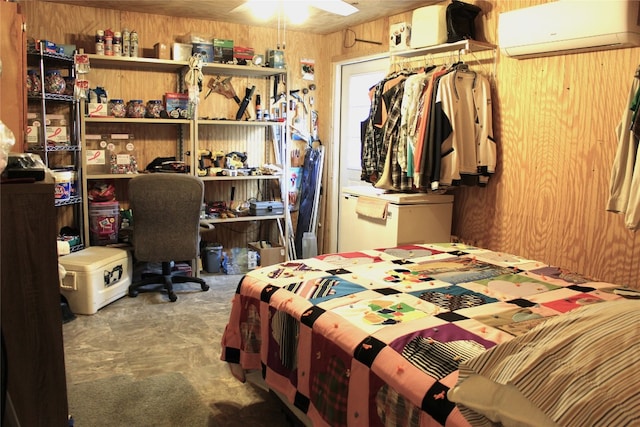 bedroom with wooden walls, tile floors, and a wall mounted AC