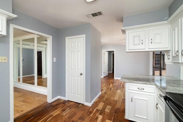 kitchen featuring white cabinets, dark wood-type flooring, and light stone counters