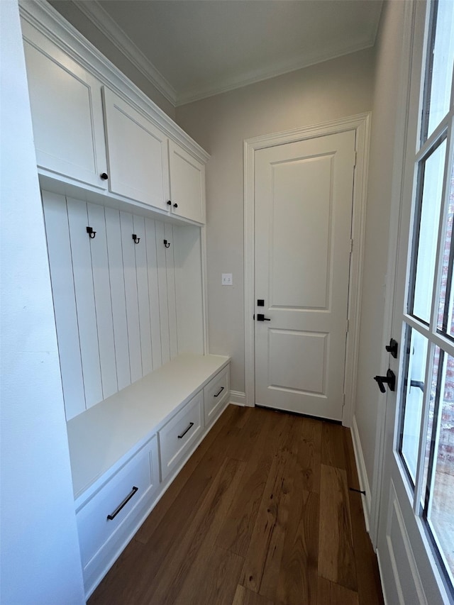 mudroom featuring baseboards, dark wood finished floors, and ornamental molding