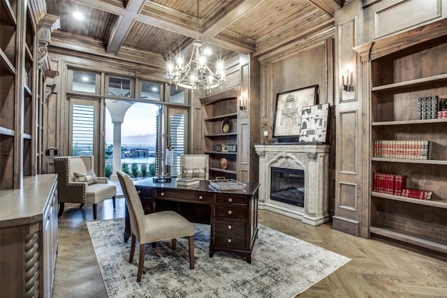 office area with a notable chandelier, coffered ceiling, a premium fireplace, dark parquet flooring, and wooden ceiling