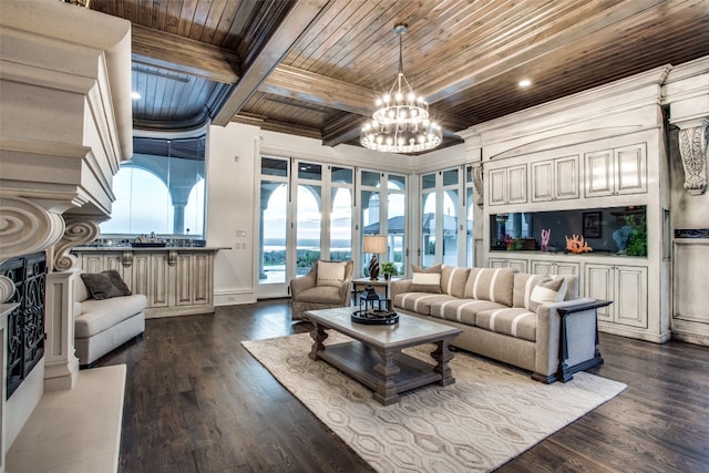 living room with coffered ceiling, dark hardwood / wood-style floors, an inviting chandelier, beam ceiling, and wooden ceiling