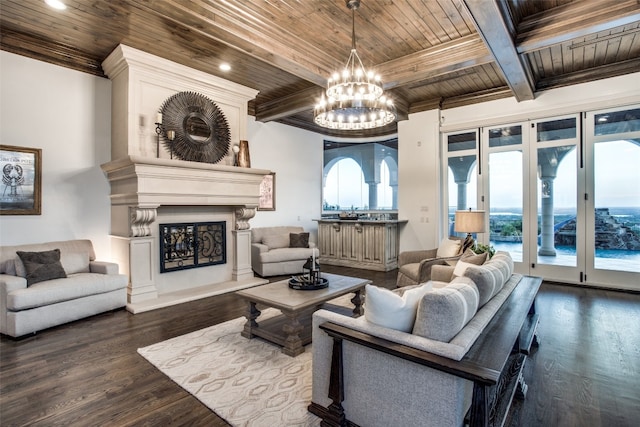 living room featuring a chandelier, dark wood-type flooring, wood ceiling, and beam ceiling